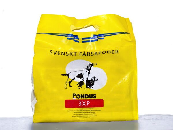 Gul påse Pondus 3xp småblock 3 kg med illustrationer av hund och katt.