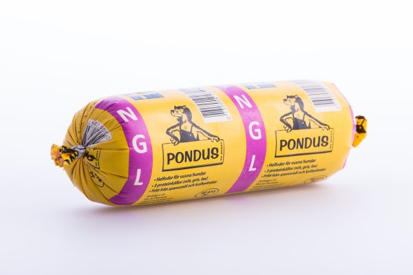 PONDUS NGL-korv (0,5 kg), gul och lila förpackning, hundmotiv på omslaget.