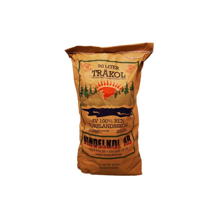 Vindelkol 90L Svensk kolväska, 90 liter, med skogs- och eldgrafik på framsidan.
