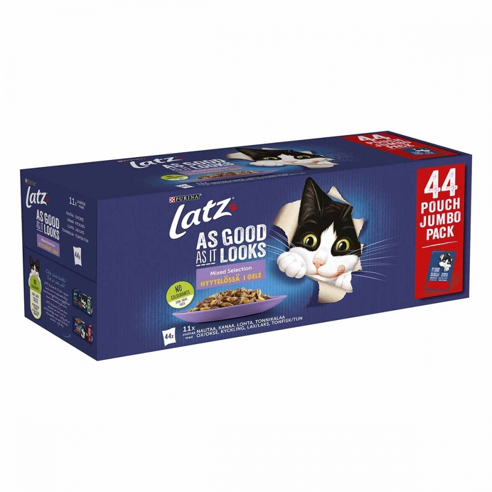 Latz AGAIL Mixed Selection i gelé 44x85g, ask med svartvit katt på förpackningen.