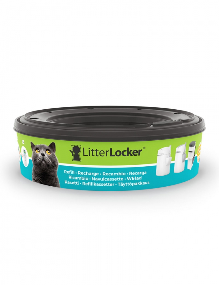 Rund LitterLocker refill med en svart katt och bilder på en blågrön etikett.