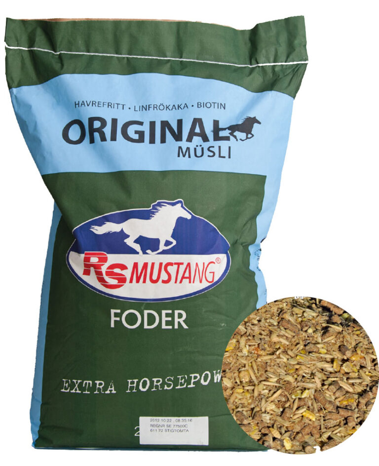 En 20 kg påse med RS Mustang® Original Müsli med en närbild av foderblandningen.