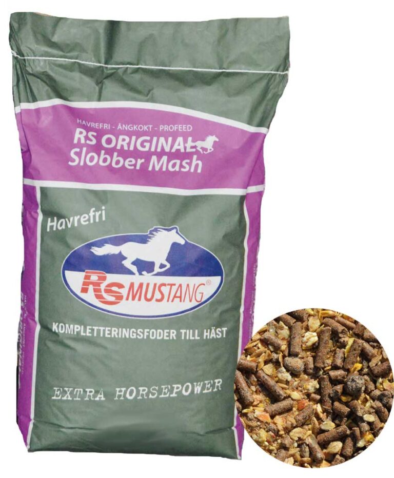 En 20 kg påse med RS Mustang® Slobber Mash Original med en närbild av foderblandningen.