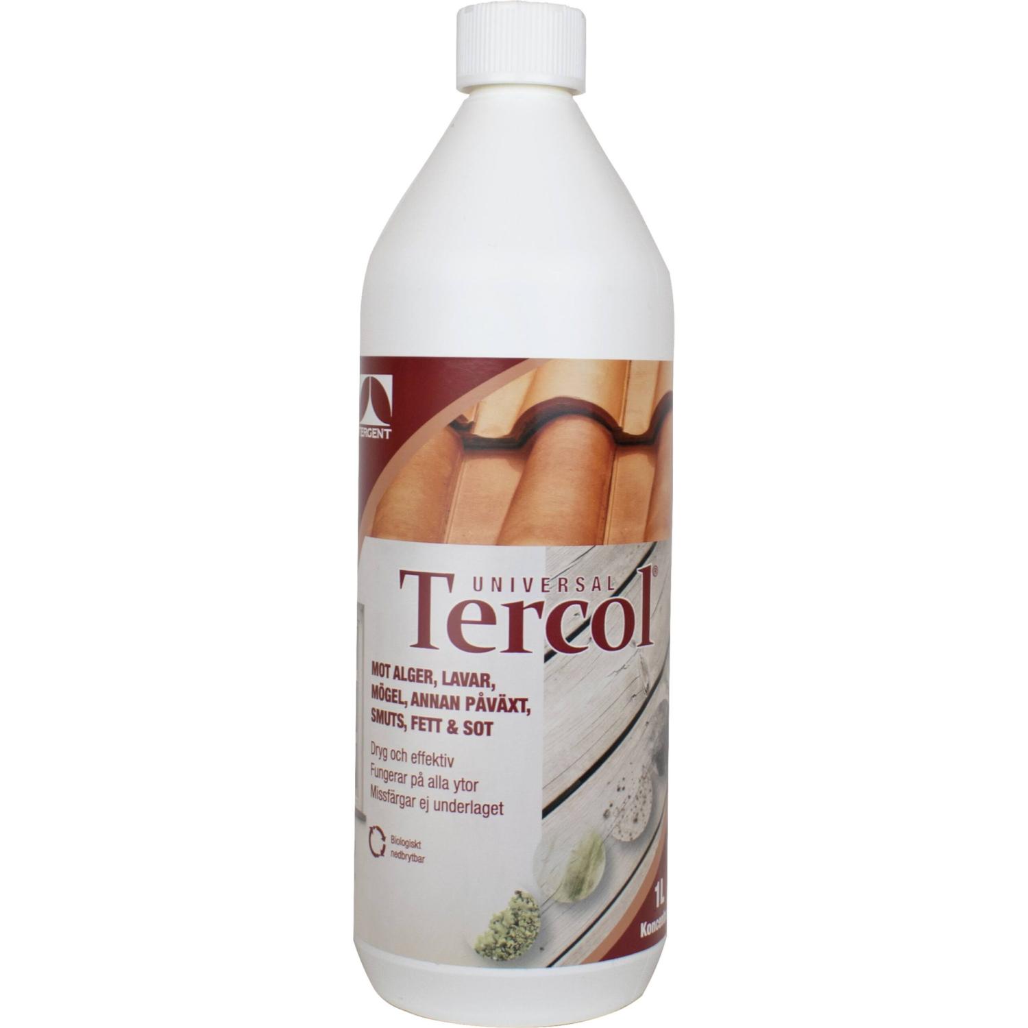 En flaska Algrengöring Tergent Tercol Koncentrat 1L med vitt lock och etikett.