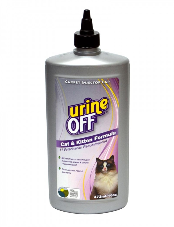 En grå Urine Off Cat Bullet-flaska med svart lock.