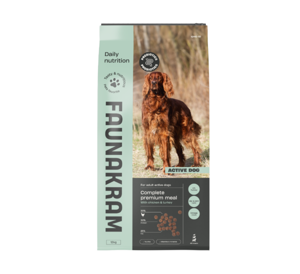 Faunakram PRO BIOT. 12kg Aktiv hund Kyckling & kalkon 30-25, påse för aktiva hundar.