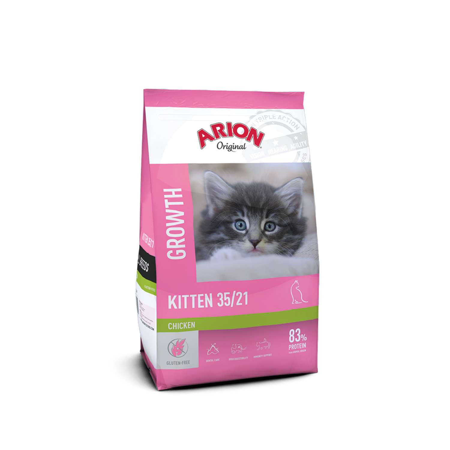 ARION original Cat Kitten 7,5 kg i rosa förpackning med ett foto av en grå och vit kattunge.