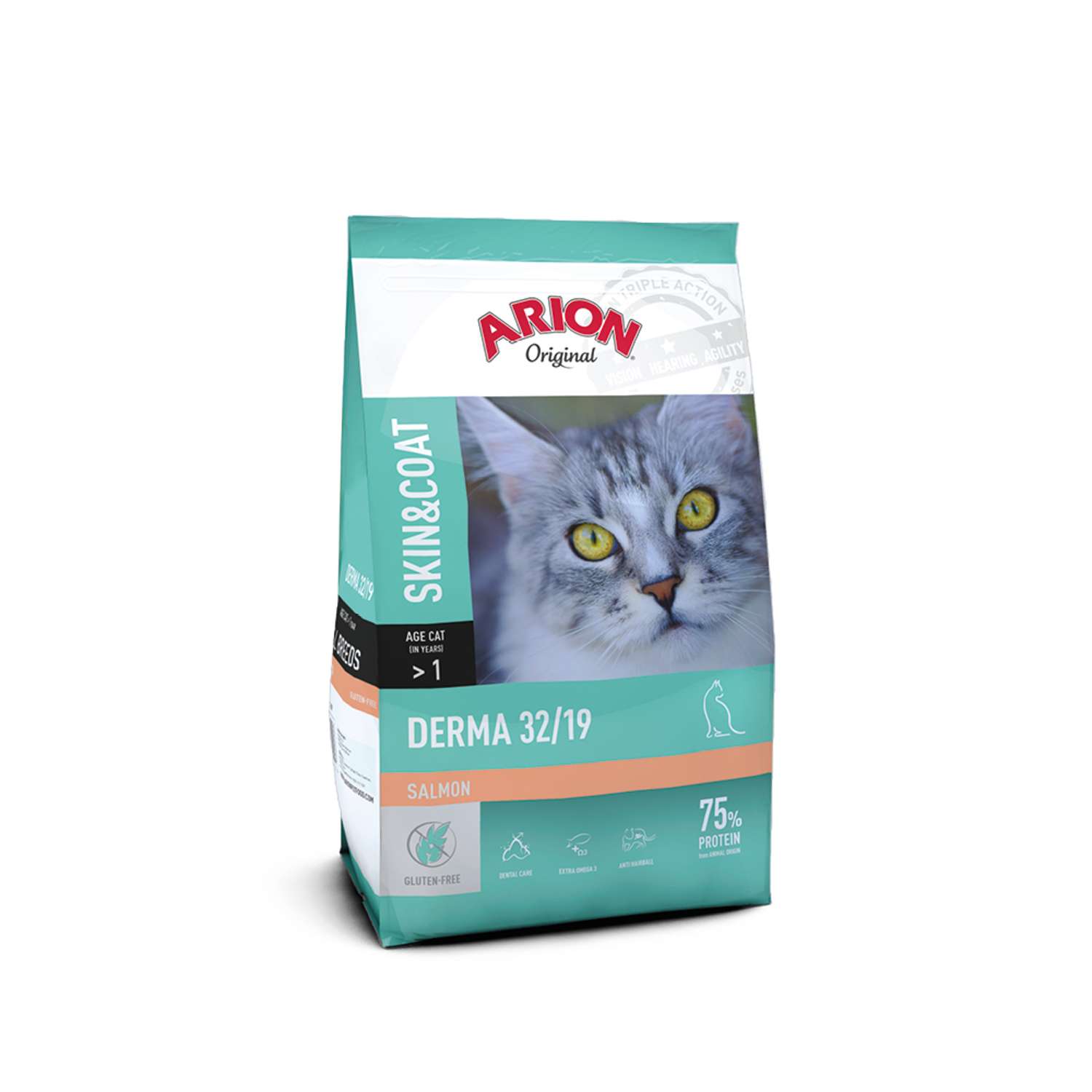 ARION original Cat Derma 7,5 kg, med en grå kattbild och etikett med laxsmak.