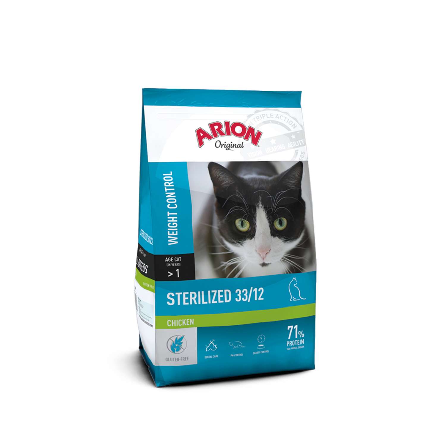 ARION original Cat Sterilized Chicken 7,5 kg, för steriliserade katter, svart och vit katt i förpackning.