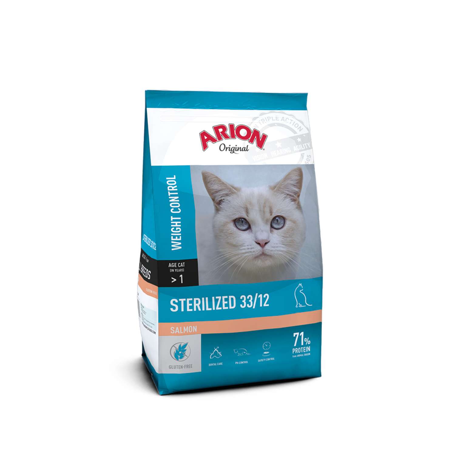 Påse med ARION original Cat Sterilized Salmon 7,5 kg med en vit kattmotiv.