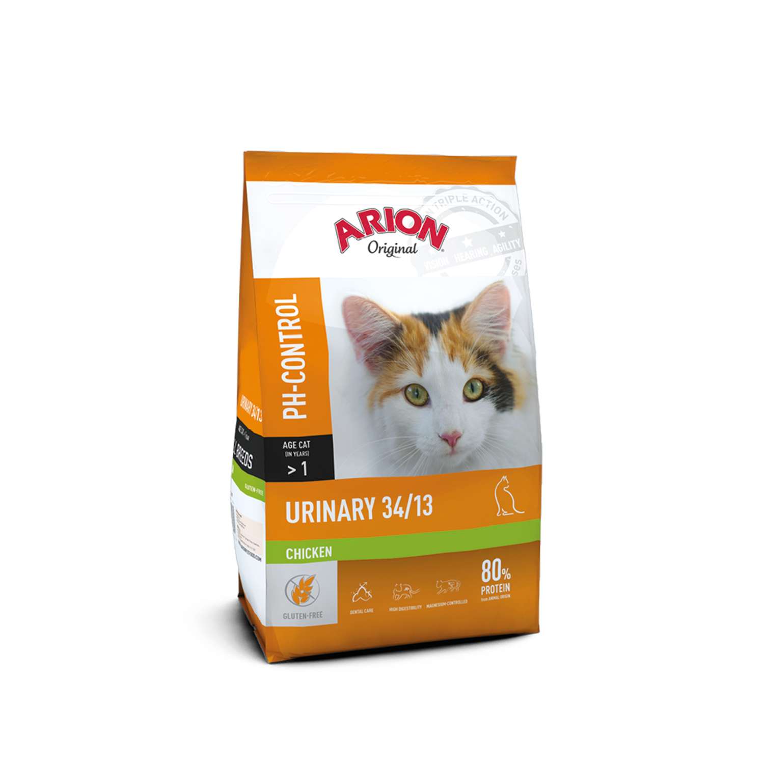Påse med ARION original Cat Urinary 7,5 kg, med ett kattansikte på förpackningen.