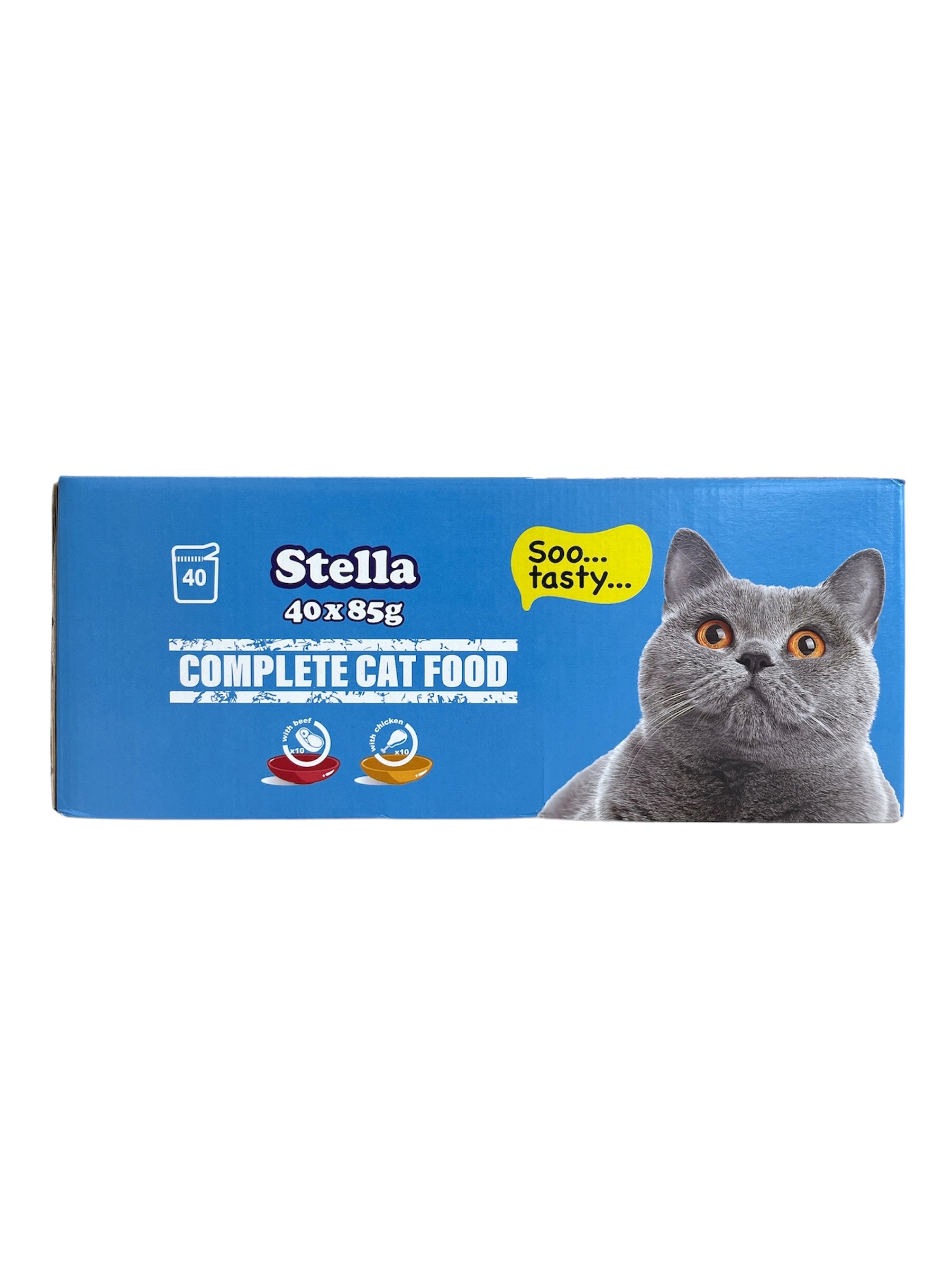 Blå ask Stella Kattmat Kött 40x85g med en grå katt och textbubbla "Soo... tasty...".