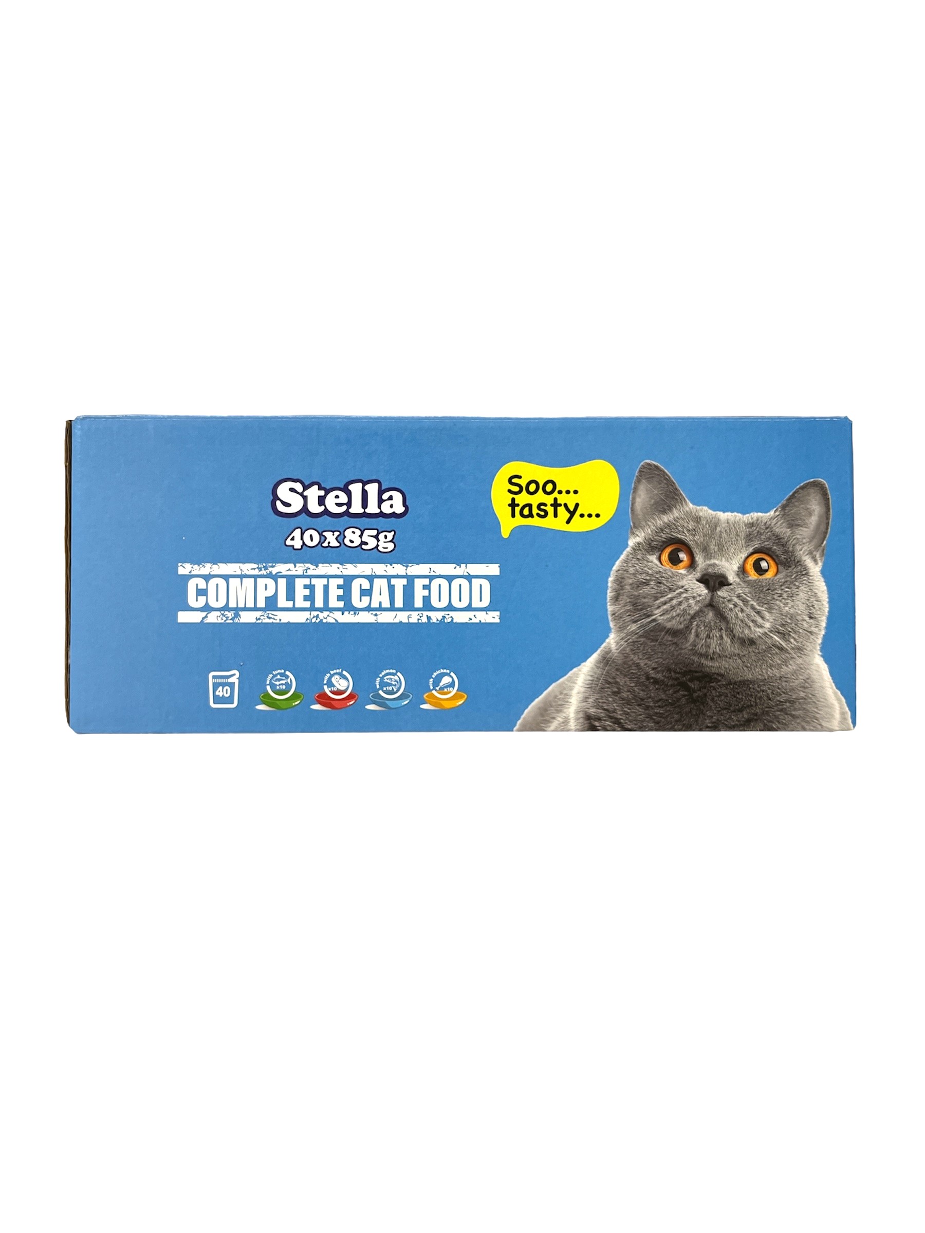 Blå Stella Kattmat Fisk 40x85g ask med en grå katt och texten "Soo...tasty...".