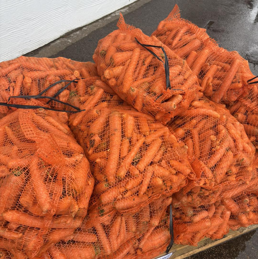 Morötter 15 kg nätsäckar staplade på en träpall utomhus.