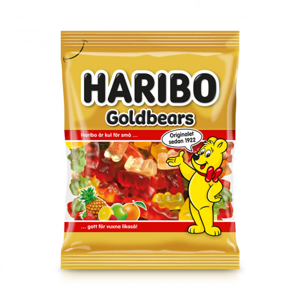 En påse Goldbears gummigodis med en gul tecknad björn som maskot.