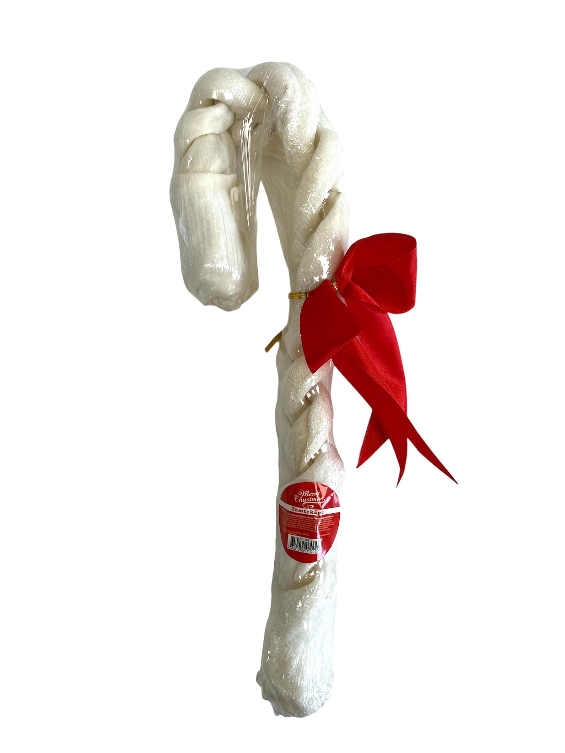 Tomtekäpp 330g: Stort vitt hundtuggben av råhud med röd rosett, förpackat i plast.