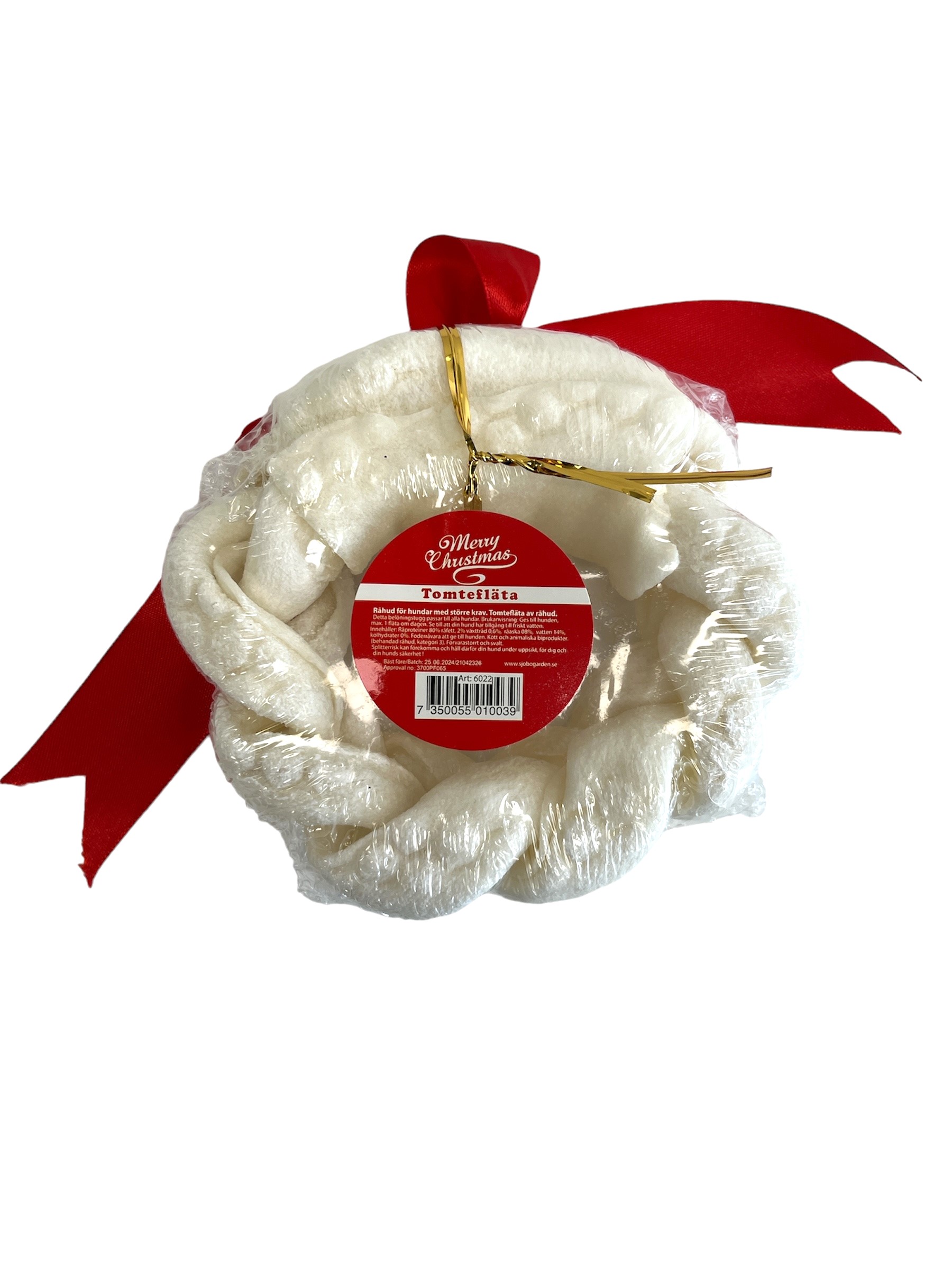 Rund förpackning av Tomtefläta 135g med rött band och röd etikett.