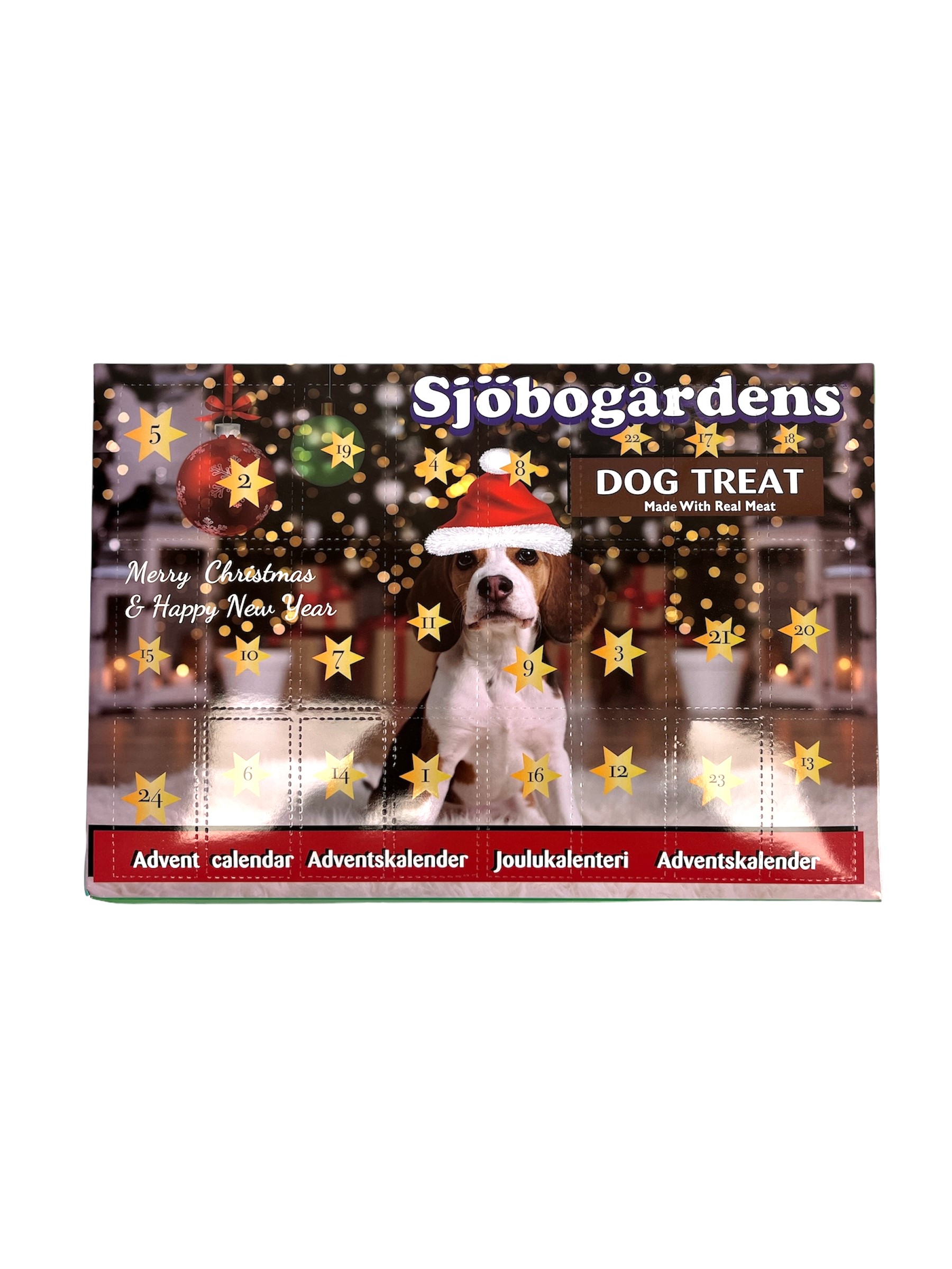 Julkalender 120g med en beagle i tomteluva med guldstjärnor och festlig dekor.