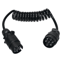 SLÄPVAGNSKABEL 7-7 POL 1,5M: Svart spiralkabel med runda 7-poliga kontakter i båda ändar.
