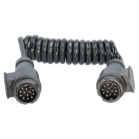 SLÄPVAGNSKABEL 13-13 POL 1,5M: Svart spiralkabel med 13-pinskontakter i båda ändar.