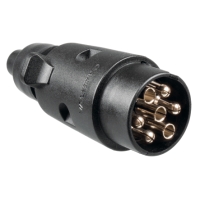 SLÄPVAGNSKONTAKT 7-POL PLAST, svart med guldstift, rätvinklig släpvagnskontakt.