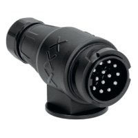 SLÄPVAGNSKONTAKT 13-POL, svart cirkulär kontakt, vy framifrån.