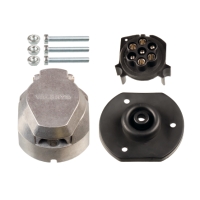 STICKDOSA TILL SLÄPVAGN 7-POL ALU kit med skruvar, lock, uttag och platta, på vit bakgrund.