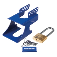 SLÄPVAGNSLÅS UNIVERSAL blått metallfäste med hänglås, nycklar och VALERYD nyckelbricka.