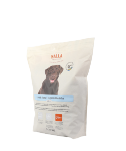Halla lätt & sund 3,25kg hundmat med en brun hund på framsidan.