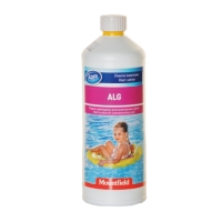 HINDRAR ALGER 1L flaska med poolkemikalier med etikett föreställande ett barn som flyter i en pool.