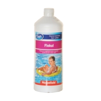 FLOCKMEDEL 1L poolkemikalieflaska med etikett som visar ett barn på en flottör i en swimmingpool.