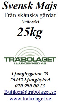 Påsetikett för Svensk majs 25kg Träbolaget med företagsinformation och kontaktuppgifter.