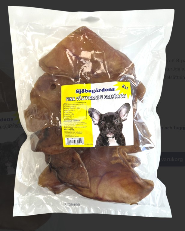 En klar påse Grisöron 8-Pack ca 290g, märkt med en svart fransk bulldog.