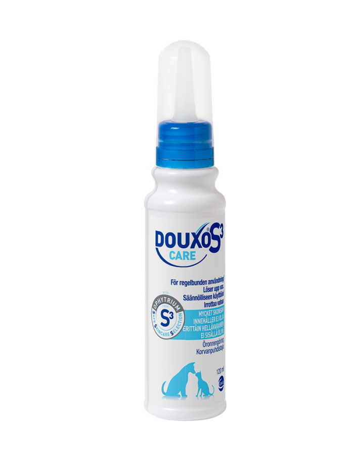Vit flaska med Douxo S3 Care Ear Cleaner för husdjur, med blå pump och etikett.