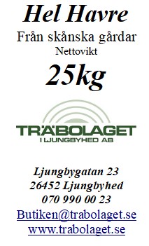 Paketets text: Hel Havre 25kg Träbolaget, adress, telefon, e-post och webbplats.