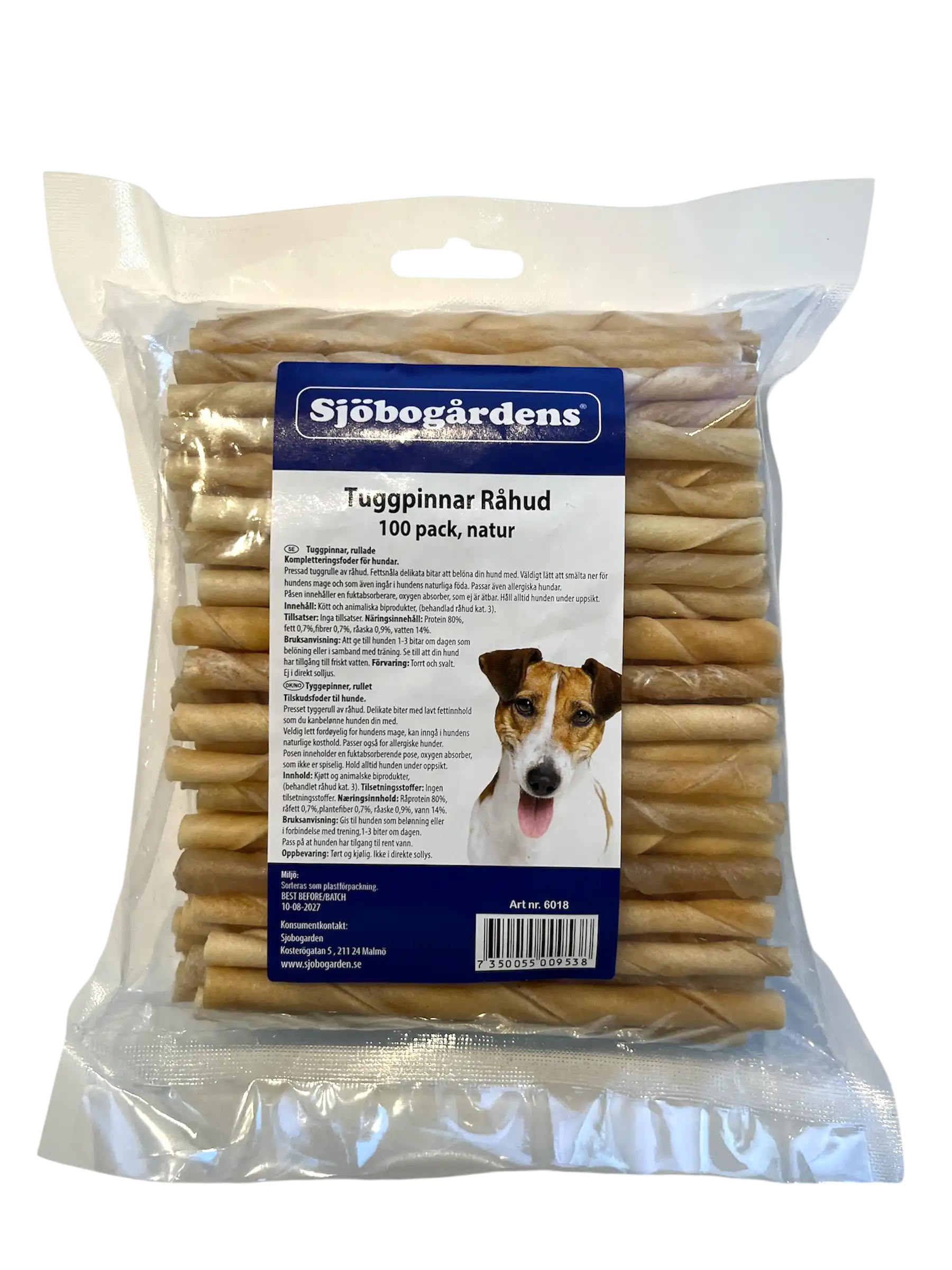 Sjöbobårdens Tuggpinnar råhud 100P hundtuggpinnar, 100-pack, med en hund på etiketten.