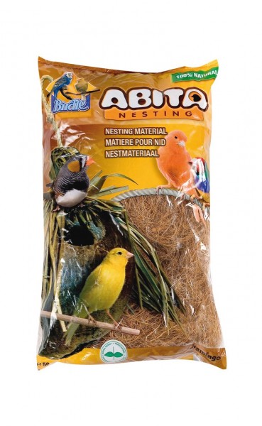 Påse med Abita häckningsmaterial för fåglar, med tre färgglada fåglar på förpackningen.