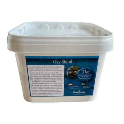 Oxy Stabil 3kg - vit tub med blå etikett för skötsel av dammar.