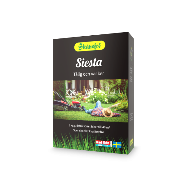 Gräsfrö Siesta 1 kg med en person som vilar på en grön gräsmatta.