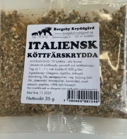KÖTTFÄRSKRYDDA ITALIENSK (35 G) paket med svensk text och ingredienser.