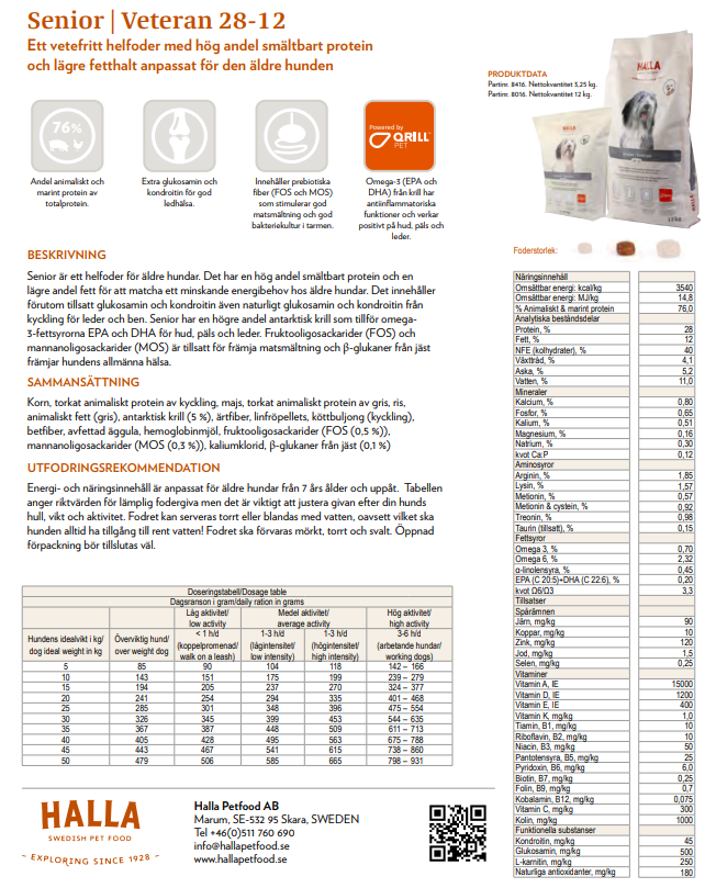 Halla senior 3,25kg informationsblad med näringsfakta och utfodringsguide för hundar.