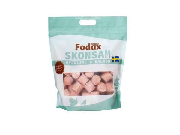 Fodax SKONSAM 1,5KG djurfoderpåse med ett fönster som visar innehållet.
