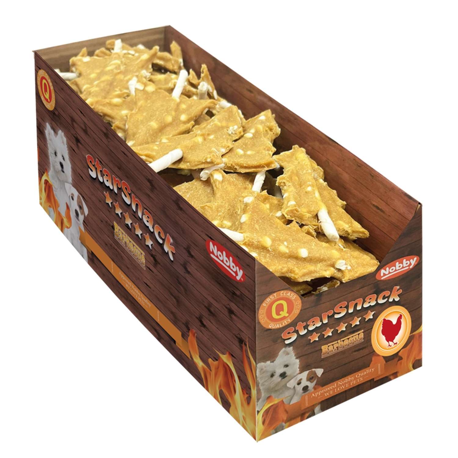 L&aring;da med Starsnack hundtugg julgran hundgodis i form av trianglar med vit fyllning inuti.