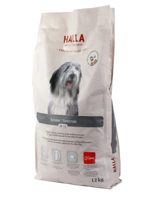Halla Senior 12KG hundfoder med en bild av en lurvig hund på framsidan.