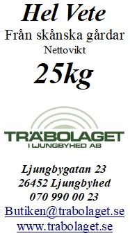 Produktmärkning: Hel Vete 25kg Träbolaget, inkl. kontaktinformation och webbplats.