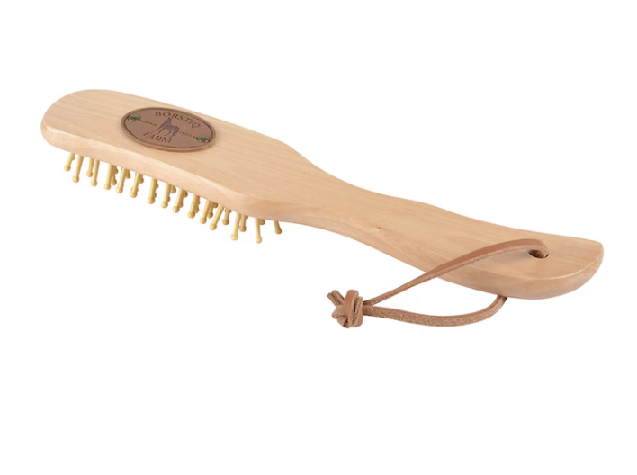 Ergonomisk hårborste i trä Man/svans borste i trä med beige borst och läderögla.