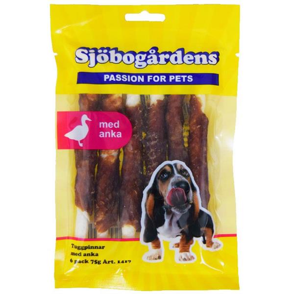 Gult paket Sjöbogården Tuggpinnar med anka 6pack, hundbild på framsidan.
