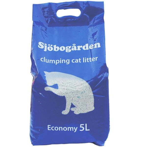 Blå 5L påse Sjöbogården Kattsand ekonomi med vit kattsilhuett.