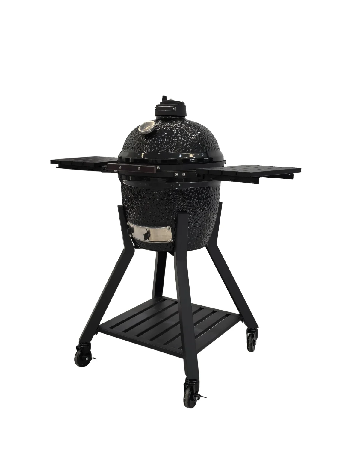 Nordic-Fire Kamado Grill MK 16 PRO: svart keramisk grill med hyllor och hjulförsett metallstativ.