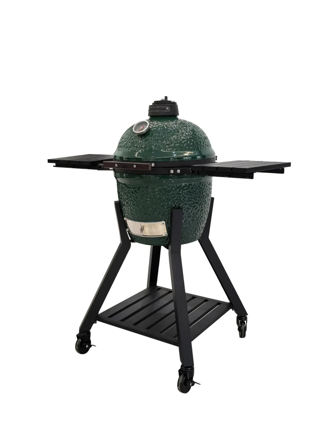 Nordic-Fire Kamado Grill MK 16 PRO: Grön keramik på svart hjulförsett stativ, vikbara hyllor.
